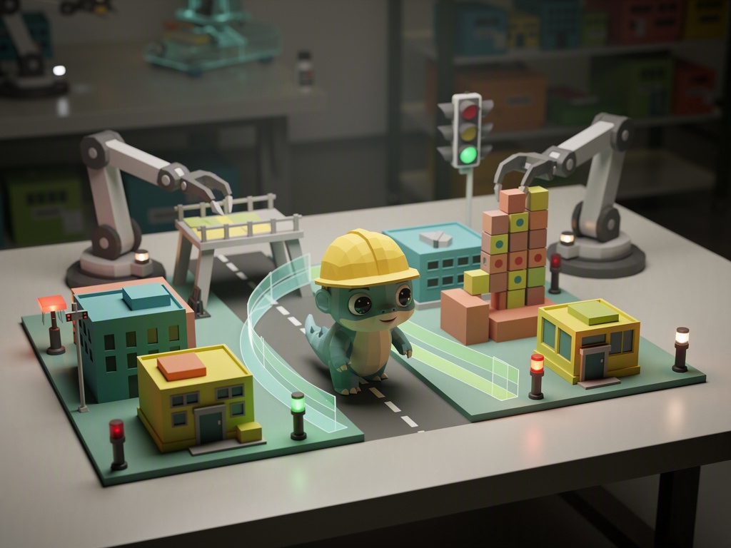 A friendly baby kaiju in a safety helmet walking through a miniature city test course on a laboratory table.